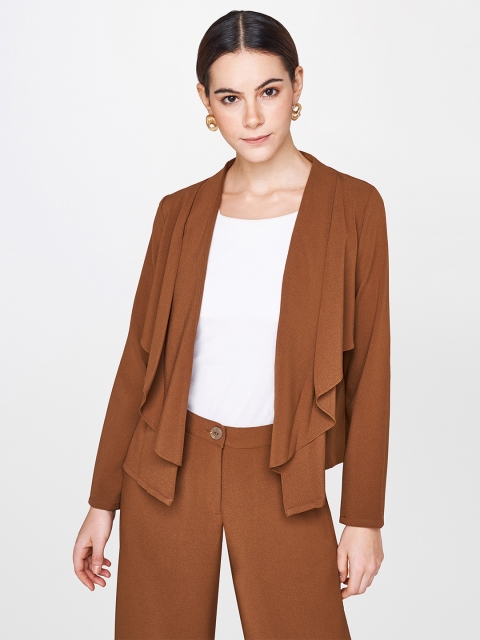 

AND Women Brown Solid Open Front Jacket