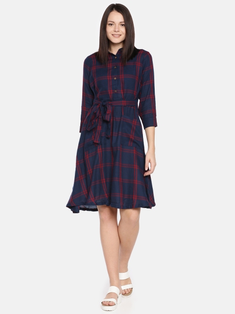 

AND Women Navy Blue & Red Checked Fit and Flare Dress with Pockets