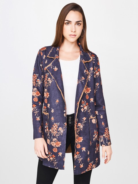 

AND Women Navy Blue & Orange Floral Printed Open Front Longline Blazer