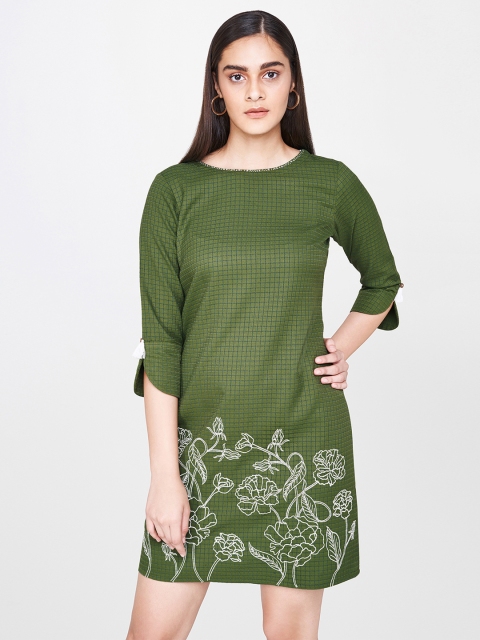 

AND Women Green Self Design Floral Embroidered A-Line Dress