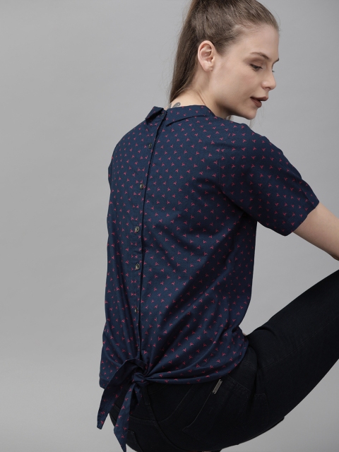 

Roadster Women Navy Blue & Red Printed Styled Back Top