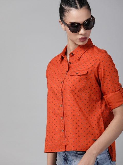 

Roadster Women Orange Regular Fit Printed Casual Shirt