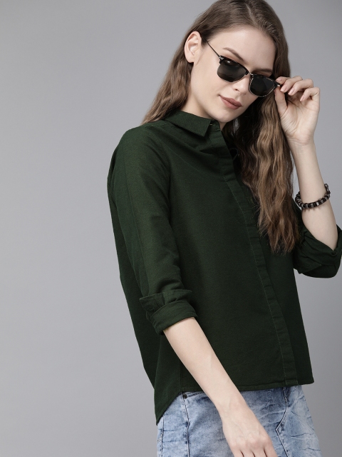 

Roadster Women Olive Green Regular Fit Solid Casual Shirt