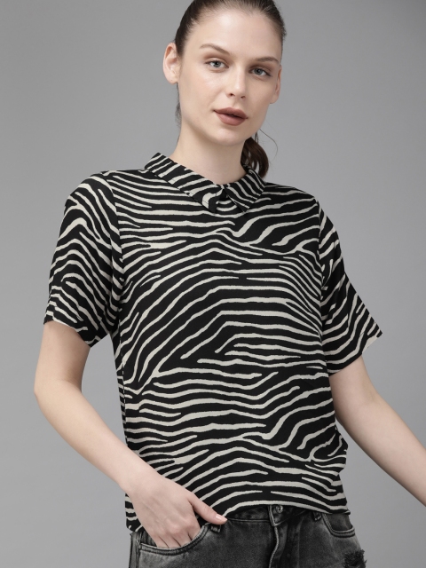 

Roadster Women Black & Off-White Printed Styled Back Top