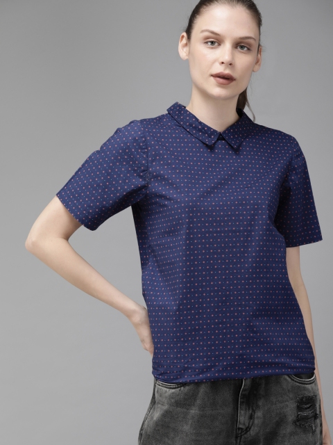 

Roadster Women Navy Blue & Orange Printed Styled Back Top