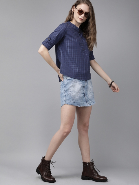 

Roadster Women Navy Blue Checked Shirt Style Top