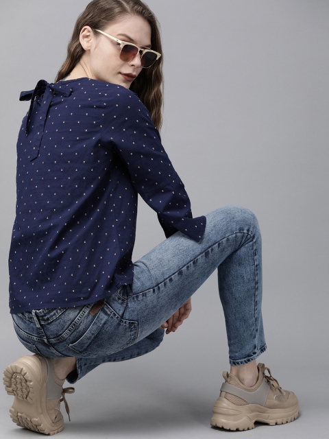 

The Roadster Lifestyle Co Women Navy Blue & Yellow Self Design Top