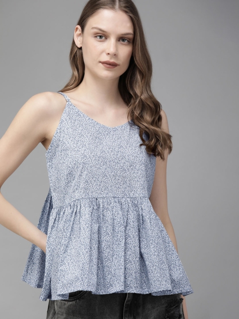 

The Roadster Lifestyle Co Women White & Blue Printed A-Line Pure Cotton Top