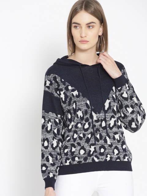 

promod Women Navy Blue & Off-White Self Design Hooded Sweater