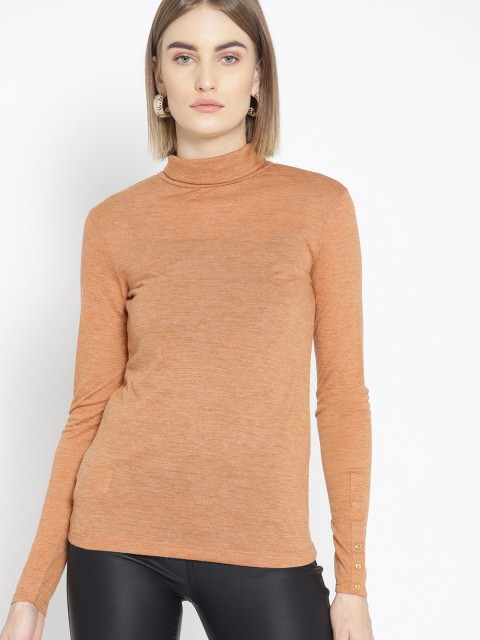 

promod Women Beige Self-Design Turtle Neck T-shirt