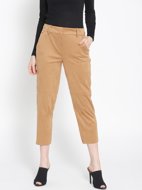

promod Women Beige Regular Fit Solid Suede Finish Cropped Trousers