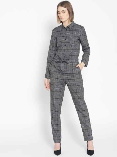 

promod Women Charcoal Grey & Black Checked Basic Jumpsuit