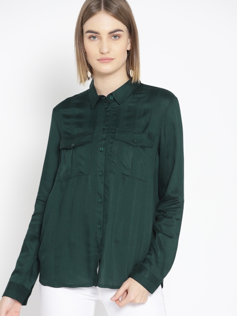 

promod Women Green Regular Fit Self-Striped Casual Shirt