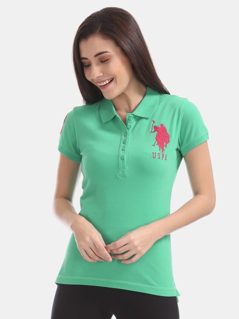 

U.S. Polo Assn. Women Green Solid Polo Collar T-shirt