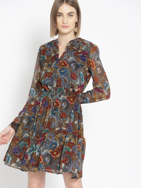 

promod Women Brown & Blue Printed A-Line Dress