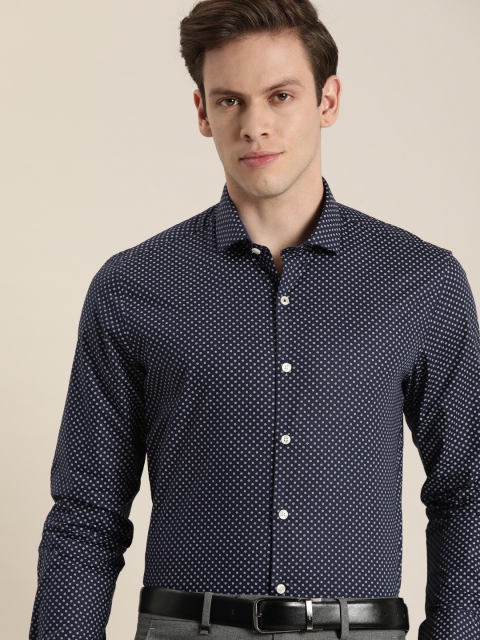 Men Navy Blue & White Printed Slim Fit Formal Shirt