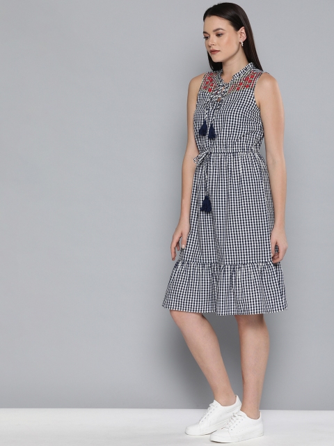 

Chemistry Women Navy Blue & White Checked Fit and Flare Dress With Embroidered Detailing