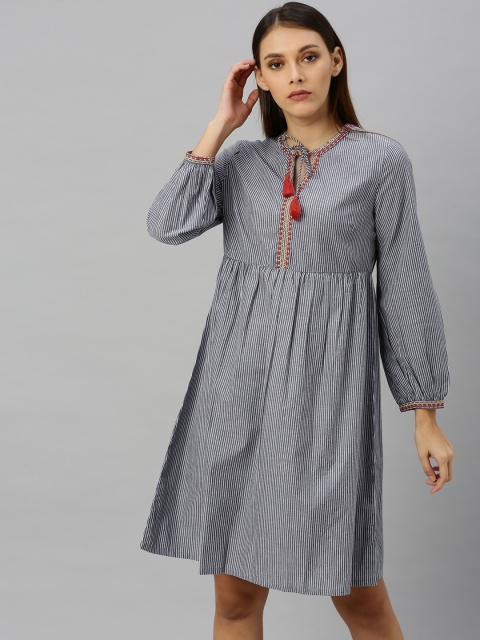 

Chemistry Women Navy Blue & White Striped Fit and Flare Dress