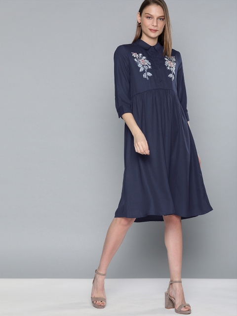 

Chemistry Women Navy Blue Solid A-Line Dress With Floral Embroidered Detailing