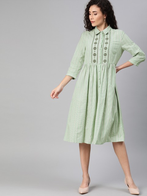 

Chemistry Women Green & White Striped A-Line Dress with Embroidery