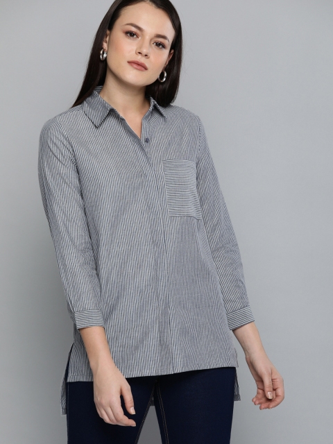 

Chemistry Women Grey & White Regular Fit Striped Casual Shirt