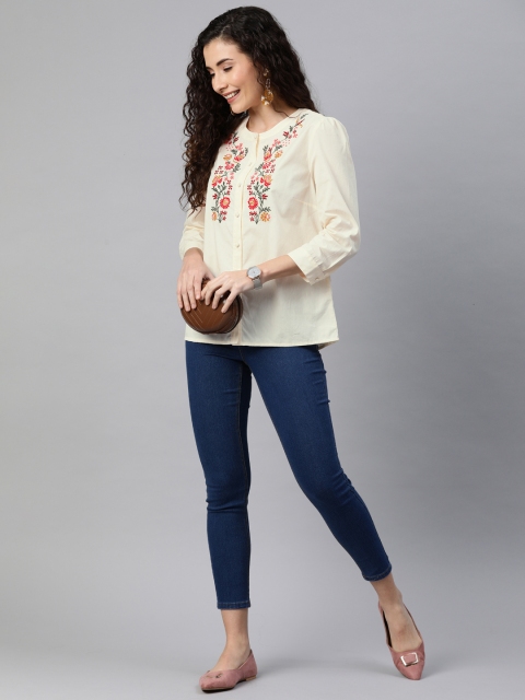 

Chemistry Women Cream-Coloured Regular Fit Floral Embroidered Casual Shirt