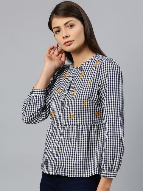 

Chemistry Women White & Navy Blue Checked Shirt Style Top With Embroidery Detail