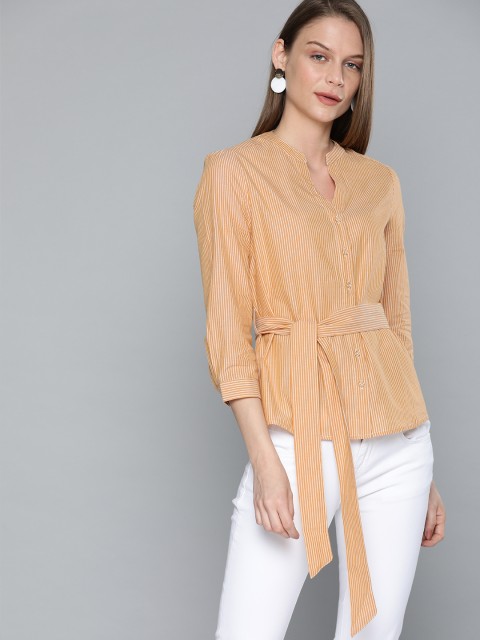 

Chemistry Women Mustard Yellow & White Regular Fit Striped Casual Shirt