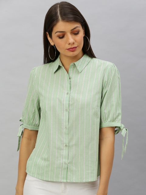 

Chemistry Women Sea Green & White Regular Fit Striped Tie-Up Cuff Casual Shirt