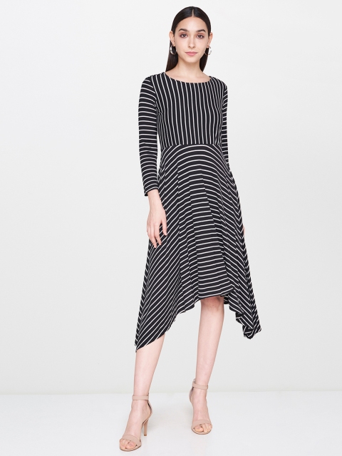 

AND Women Striped Black Fit and Flare Dress