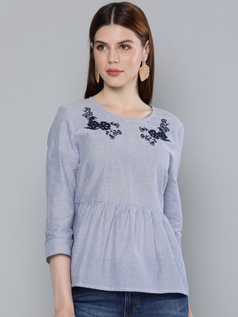 

Chemistry Women Blue Striped Pure Cotton Top With Embroidered Detail