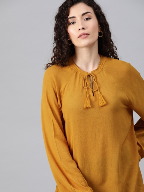 

Chemistry Women Mustard Yellow Solid Woven Tie-Up Neck Top