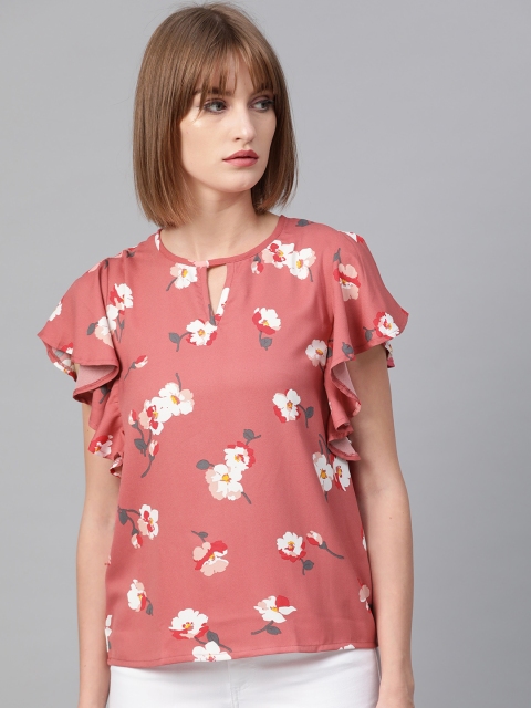 

Chemistry Women Dusty Pink & White Floral Printed Top With Flutter Sleeves