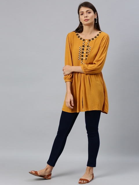 

Chemistry Women Mustard Yellow Embroidered A-Line Top