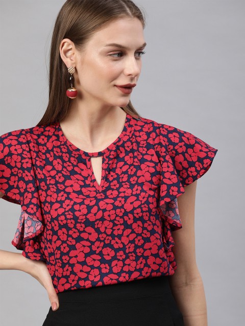 

Chemistry Women Red & Navy Blue Printed Regular Top with Flutter Sleeves