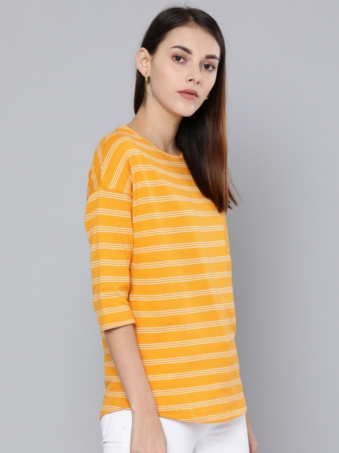 

Chemistry Women Mustard Yellow & White Striped Round Neck T-shirt