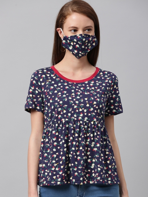 

Chemistry Women Navy Blue & Beige Floral Printed Gathered Pure Cotton Top with Matching Mask