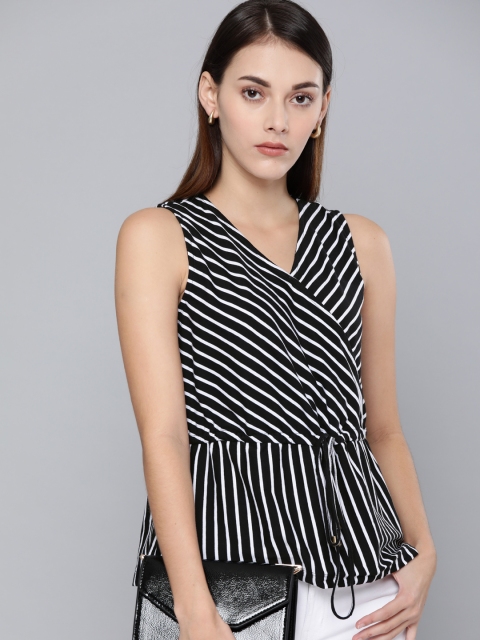 

Chemistry Women Black & White Striped Wrap Top with Waist Tie-Up Detail