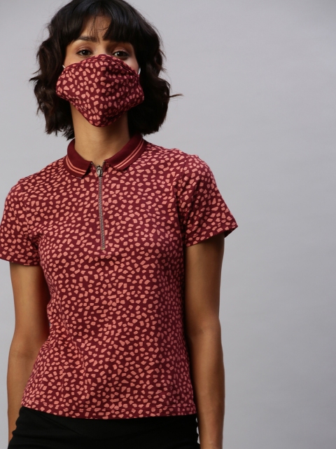 

Chemistry Women Maroon Printed Polo Collar T-shirt