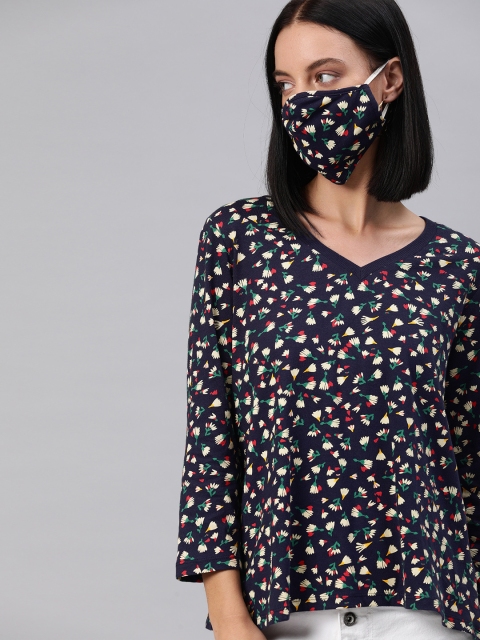 

Chemistry Women Navy Blue Off-White Floral Printed V-Neck T-shirt