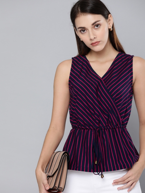 

Chemistry Women Navy Blue & Pink Striped Wrap Top with Waist Tie-Up Detail