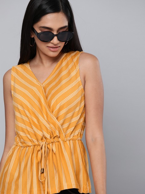 

Chemistry Women Mustard Yellow & White Striped Wrap Top with Waist Tie-Up Detail