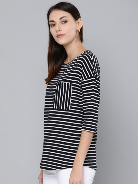 

Chemistry Women Black & White Striped Round Neck T-shirt