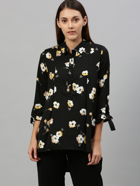 

Chemistry Women Black & White Regular Fit Floral Printed Longline Shirt