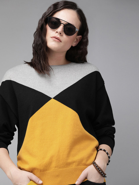 

Roadster Women Mustard Yellow & Black Colourblocked Top