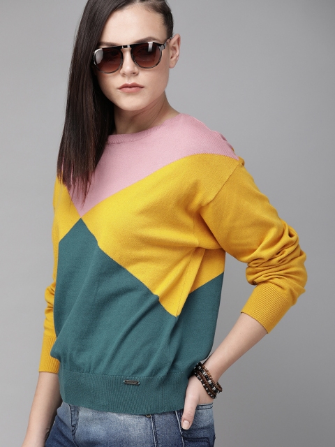 

Roadster Women Pink & Mustard Yellow Colourblocked Knitted Top