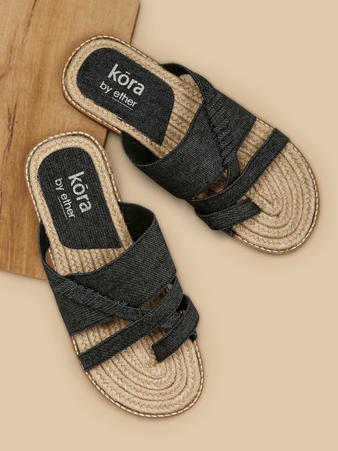 

Ether Kora Collection Recycled & Sustainable Denim One Toe Flats, Black