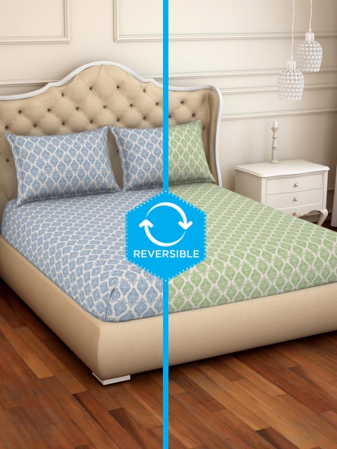 

Welspun Blue & Green 144 TC Cotton 1 Reversible Queen Bedsheet with 2 Pillow Covers