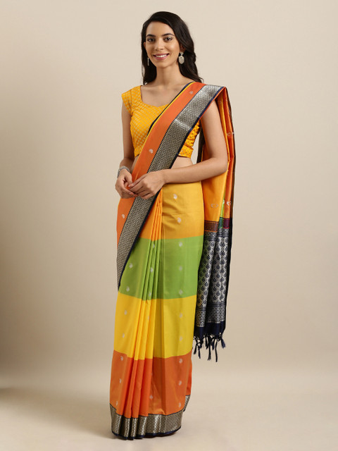 

Mitera Orange & Yellow Silk Blend Woven Design Kanjeevaram Saree