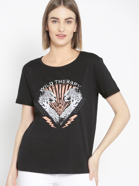 

promod Women Black & White Printed Round Neck T-shirt